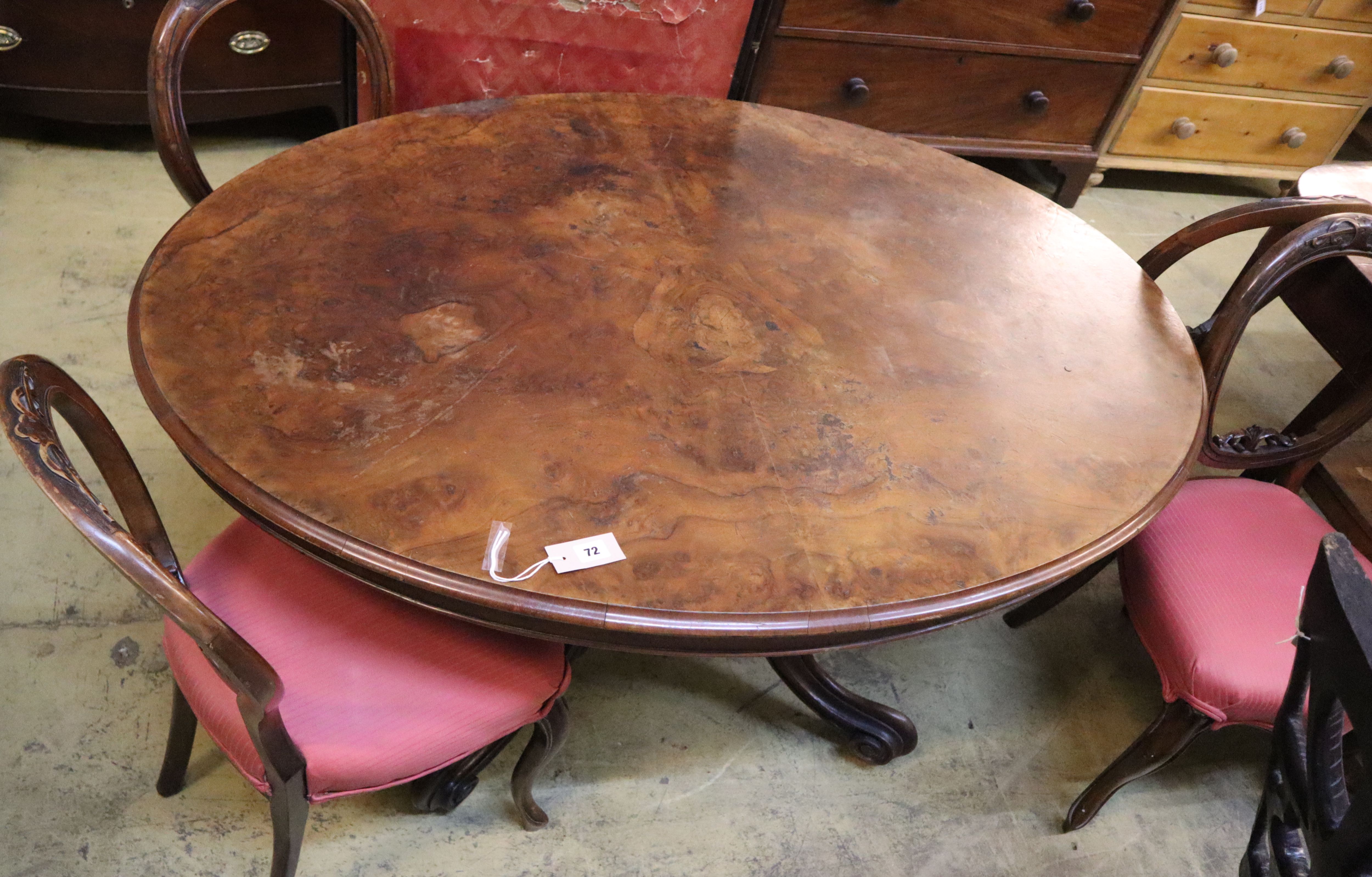 A Victorian oval burr walnut loo table, width 135cm, depth 99cm, height 73cm together with four Victorian walnut balloon back dining ch